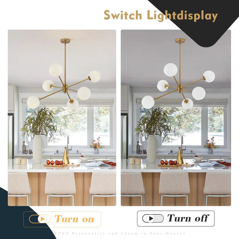 Six Light Modern Sputnik Chandelier Set With Milk Glass Globes For Kitchen Island Pendant Lighting in turned on and off positions.
