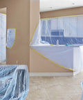 Room with blue masking film on kitchen counters using Masking Paper With Tape 6 Pack For Automotive Painting And Home Projects Heavy Duty