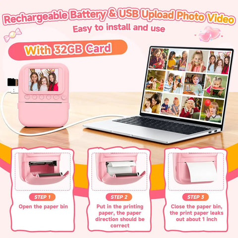 Kids Instant Print Camera Captures 1080P Memories For Fun On The Go A Kid Friendly Digital Camera That Lets Them Snap Sharp Pics And Print Black And White Or Color Prints Great Gift For Budding Shutterbugs., pink plastic instant print camera with USB charging and 32GB card, shown with laptop and print steps