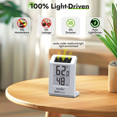 Light Driven Thermo Hygrometer displaying temperature and humidity levels on a wooden table, part of plant care sensor kit.