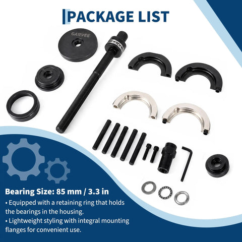 Top Notch 85Mm Front Hub Bearing Removal And Installation Kit Featuring Tough Steel Puller Clamps; 85mm components, retaining ring included.