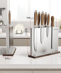 Stainless Steel Magnetic Knife Holder Rack With Wood Base For Kitchen Countertop Double Sided Magnets Storage Stand Keeps Knives Secure Holds Up To 8 Inch Blades And Looks Sweet On The Counter