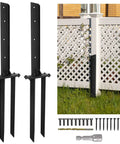 Heavy Duty Steel Fence Post Repair Kit With Double Ground Spikes And Post Anchors for wood fences, showing anchors, screws, and tools.