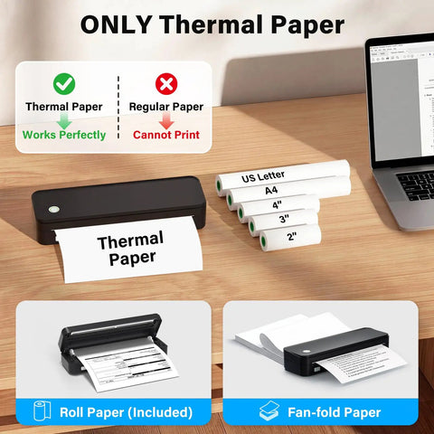 Inkless Portable Printer For Travel, Wireless Bluetooth Thermal Printer, Supports 8.5 By 11 Inch Paper, Includes Carry Case And Three Paper Rolls, Black.