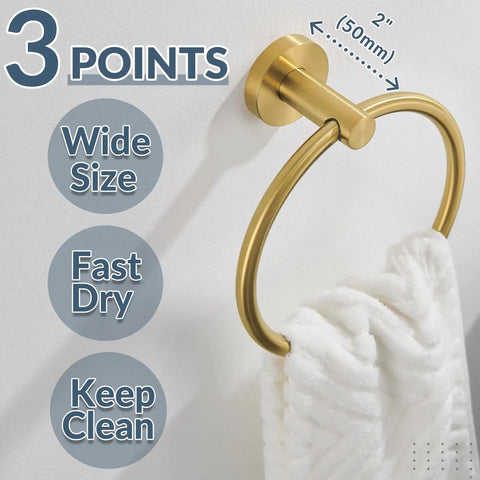 Wall Mounted Brushed Gold Towel Ring Crafted From Solid 304 Stainless Steel Rustproof And Built Tough For Bathroom Decor Or Kitchen Sink Station That Holds Up Under Pressure While Looking Fresh And Making Your Space Pop, showcasing wide 2" design.