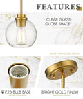 Two Pack Brass Pendant Lights With Clear Glass Globe Shades Farmhouse Gold Hanging Lamps showing clear glass shade and gold finish.