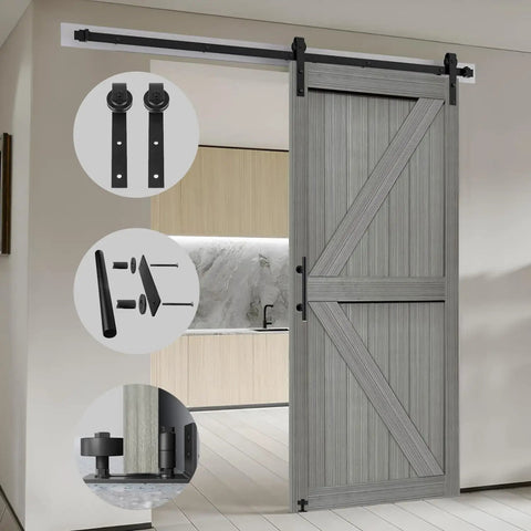 Top Tier Sliding Barn Door Measures 32 By 84 Inches In Striking Elephant Gray Solid Mdf Panel with Smooth Glide Track Kit.
