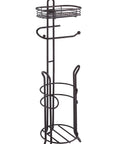 Heavyweight Free Standing Toilet Paper Roll Holder With Reserve Shelf Bronze Finish displaying sturdy metal framework.