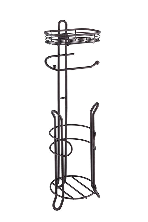 Heavyweight Free Standing Toilet Paper Roll Holder With Reserve Shelf Bronze Finish displaying sturdy metal framework.
