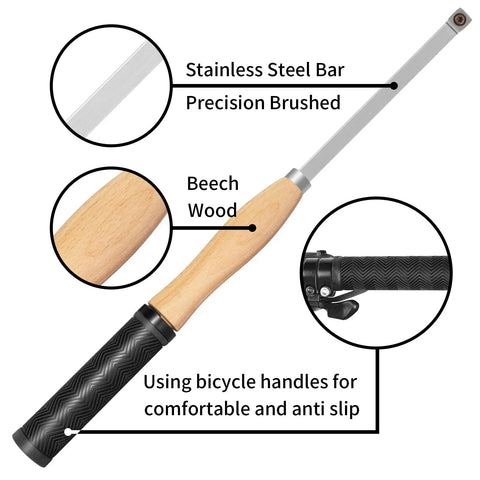 Top Shelf Carbide Wood Lathe Turning Tool Kit With Beefy Anti Slip Rubber Handles And Rust Proof Steel Cores showing beech wood handle.