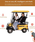 HaoweiH 28 Mile Range Electric Golf Cart Two Seater with anti-theft features and remote control, yellow with two adults seated.