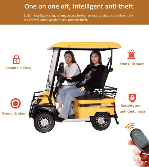 HaoweiH 28 Mile Range Electric Golf Cart Two Seater with anti-theft features and remote control, yellow with two adults seated.