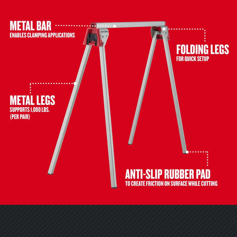 Heavy Duty Metal Sawhorse With Folding Legs, 1,000 Lb Per Pair Load Capacity, Anti Slip Rubber Pads, Quick Setup For Cutting