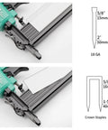 Rock Solid 18 Gauge Pneumatic Brad Nailer And 2 In 1 Air Staple Gun showing staple sizes and gauge on a workbench.