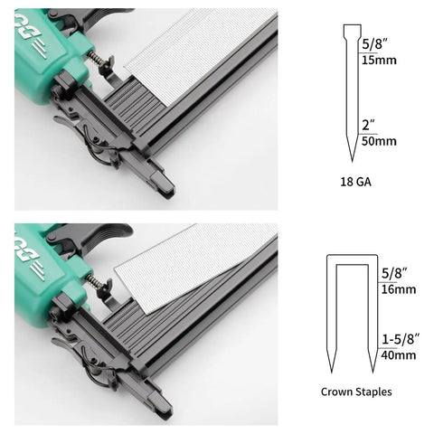 Rock Solid 18 Gauge Pneumatic Brad Nailer And 2 In 1 Air Staple Gun showing staple sizes and gauge on a workbench.