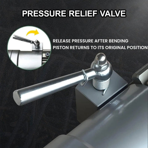 Heavy Duty 1200 Watt Handheld Electric Rebar Bender With Quick Swap Bend And Straight Plates Pressure relief valve detail for safe operation.