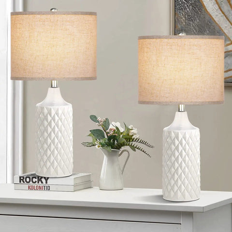 Two Pack 25 Inch White Ceramic Table Lamps For Bedroom And Living Room With 3 Color Temperatures Coastal Farmhouse Nightstand Lamps With Soft Linen Lampshades And Included LED Bulbs