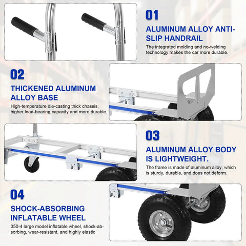 2 In 1 Heavy Duty Industrial Cart With Wheels Folding Dolly Cart 800 Lbs Capacity Foldable Toe Plate durable aluminum alloy frame