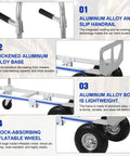 2 In 1 Heavy Duty Industrial Cart With Wheels Folding Hand Truck For Moving Heavy Loads Foldable Toe Plate 800 Lb Capacity Convertible Dolly And Trolley For Pros And DIY Movers. Aluminum alloy handrail and inflatable wheels