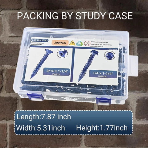 200 Piece Concrete Screw Kit With One Quarter Inch And Three Sixteenth Inch Masonry Screws, packaged case, for brick, block, cement