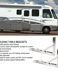 Two Pack Stainless Steel Folding Shelf Brackets for wall mount and table use shown below image of RV for space saving