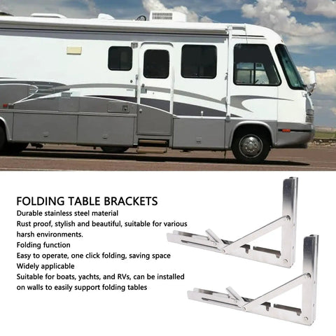 Two Pack Stainless Steel Folding Shelf Brackets for wall mount and table use shown below image of RV for space saving