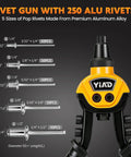 Two Handed Heavy Duty Rivet Gun Kit With 250 Blind Rivets And Five Free Interchangeable Heads displayed with rivets and measurements
