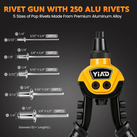 Two Handed Heavy Duty Rivet Gun Kit With 250 Blind Rivets And Five Free Interchangeable Heads displayed with rivets and measurements
