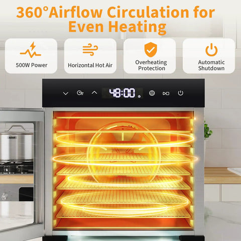 Top Shelf Eight Tray Stainless Steel Food Dehydrator With Kickin 500 Watt Electric Dryer, features 360° airflow and timer display.