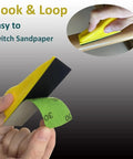 Ultimate 71 Piece Hook Loop Mini Sandpaper Kit With Sanding Block For Woodworking Art Paint Stripping Cups And Glass Corners, showing yellow sanding block and green sandpaper.