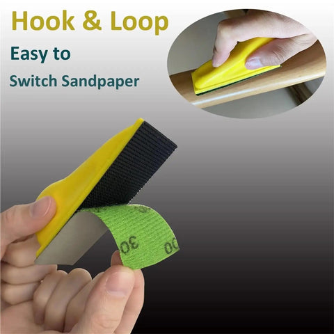 Ultimate 71 Piece Hook Loop Mini Sandpaper Kit With Sanding Block For Woodworking Art Paint Stripping Cups And Glass Corners, showing yellow sanding block and green sandpaper.