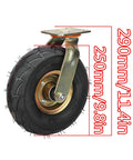 Set Of Two Heavy Duty Rubber Caster Wheels With Brakes Built Tough Industrial Trolley Casters showing 290mm diameter wheel with steel plate.