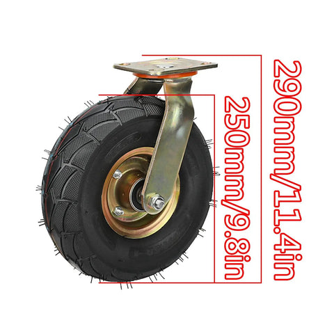 Set Of Two Heavy Duty Rubber Caster Wheels With Brakes Built Tough Industrial Trolley Casters showing 290mm diameter wheel with steel plate.