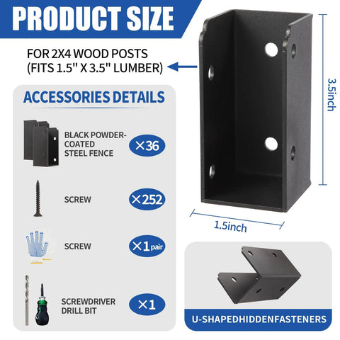 Complete 36 Piece Deck Railing Bracket Kit With U Shape Concealed Connectors For 2 X 4 Boards accessories details, dimensions and components.