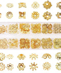 Golden Filigree Flower Bead Caps Set With 240 Pcs 12 Unique Brass Petal Ends in clear storage box for jewelry making.