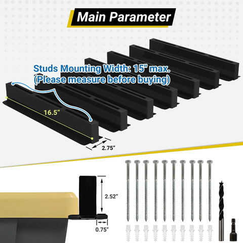 Dimensions and components of Overhead Garage Ceiling Storage Rack System For 6 Bins Heavy Duty Powder Coated Tote Shelving Set For Garages Sheds Storerooms 7 Pieces Bins Not Included.