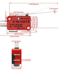 V-153-1C25 Micro Switch With Beefy Long Straight Lever 15A 125/250VAC Heavy Duty SPDT Snap Action Limit Switch Quick Connect Terminals Three Sixteenth Inch 4.8mm Dual Pack, dimensioned side view
