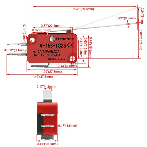 V-153-1C25 Micro Switch With Beefy Long Straight Lever 15A 125/250VAC Heavy Duty SPDT Snap Action Limit Switch Quick Connect Terminals Three Sixteenth Inch 4.8mm Dual Pack, dimensioned side view
