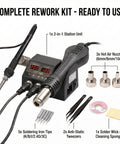 Complete Powerful 2 In 1 Rework Station With 580 Watt Hot Air Gun And 60 Watt Soldering Iron, Digital Dual LED Display, shown with accessories