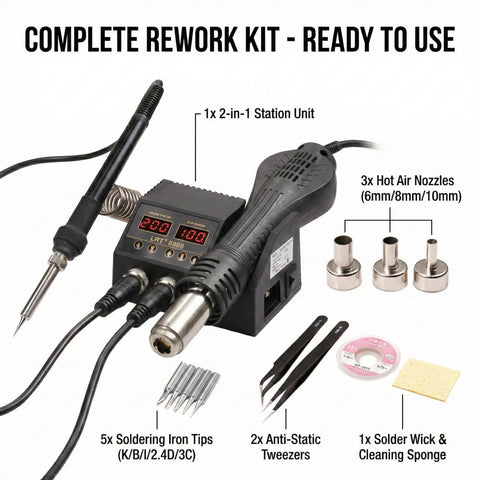 Complete Powerful 2 In 1 Rework Station With 580 Watt Hot Air Gun And 60 Watt Soldering Iron, Digital Dual LED Display, shown with accessories