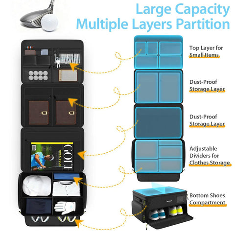 4 Layer Golf Trunk Organizer With Separate Ventilated Shoe Compartment For Two Pairs, Waterproof Car Locker Storage Bag For Golf Gear And Accessories, Sturdy PVC Supports, Ideal Gift For Men And Women with partition diagram