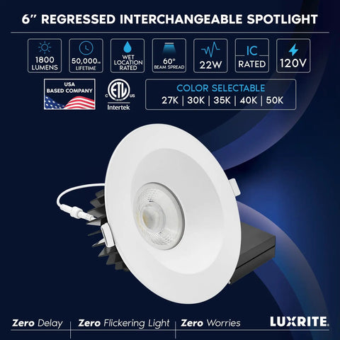 Smooth Trimless 6 Inch Led Recessed Lights 6 Pack With Twist Lock Mounting 5Cct Adjustable 1800 Lumens Dimmable Wet Ic Rated Ceiling Fixtures No Sweat Setup with adjustable spotlight.