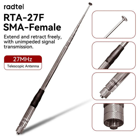 RTA-27B Telescopic 27MHz CB Antenna Beefed Up Signal Boost For Outdoor Handheld Radios with SMA Female Connector close-up