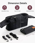 Universal Stroller Organizer With Insulated Cup Holders Detachable Phone Bag And Shoulder Strap dimensions shown