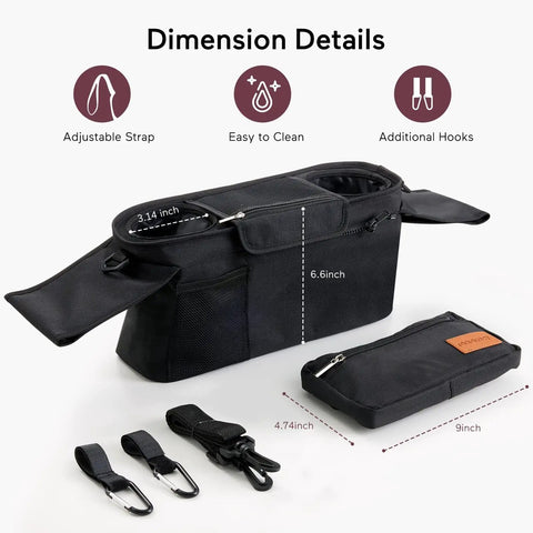 Universal Stroller Organizer With Insulated Cup Holders Detachable Phone Bag And Shoulder Strap dimensions shown