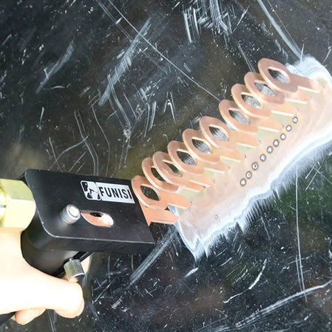 Close-up of spot weld dent puller tool from All In One Car Body Repair Kit With Spot Weld Dent Puller Rings Reload Washers Continuous Ejector Accessories Magnetic Screwdriver Set And Switchblade Precision Tools For Fast Easy Dent Removal Edge Shaping And Panel Restoration in use on car surface.