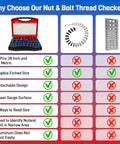 Comparison chart featuring Nut And Bolt Thread Checker Kit With 28 Standard And 24 Metric Sizes and its benefits.