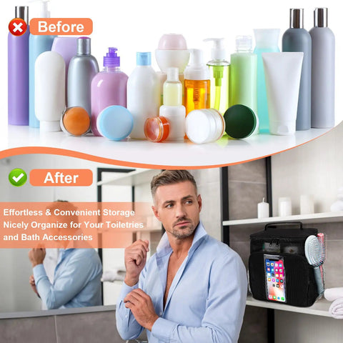 Before and after toiletry organization using Must Have Dorm Room Shower Caddy For Guys And Gals Quick Dry Mesh Organizer