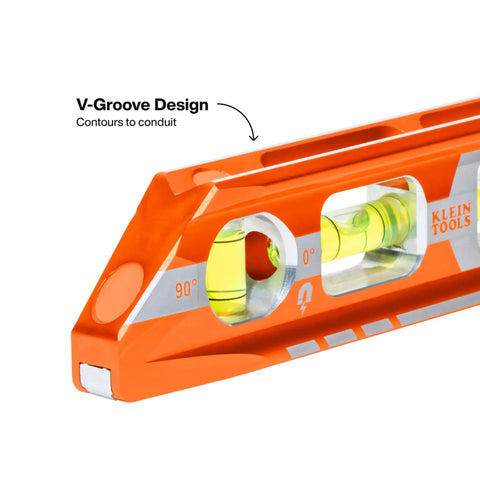 8 Inch Pitch Vial Torpedo Level With Magnetic Track Pro Grade Readouts 0 45 90 And Pitch In 1/8 Inch Increments close-up of vials