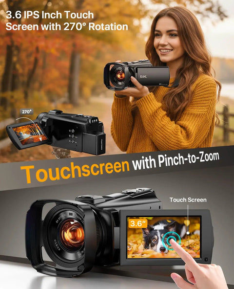 Woman using Ultra Dope 5K Video Camcorder with 8X Optical Zoom, 64MP Photos, WiFi Live Streaming and 3.6 inch touchscreen outdoors